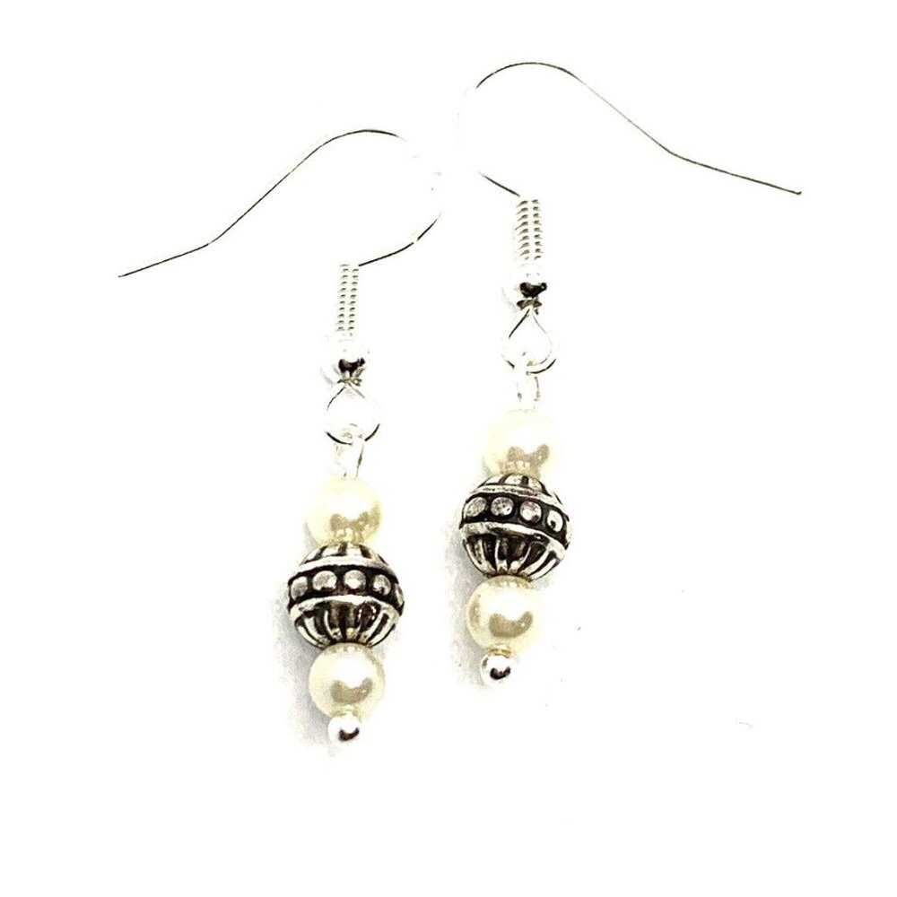 Brighton Silver Scrollwork Ivory Pearl Beads Signature Custom Silver Earrings